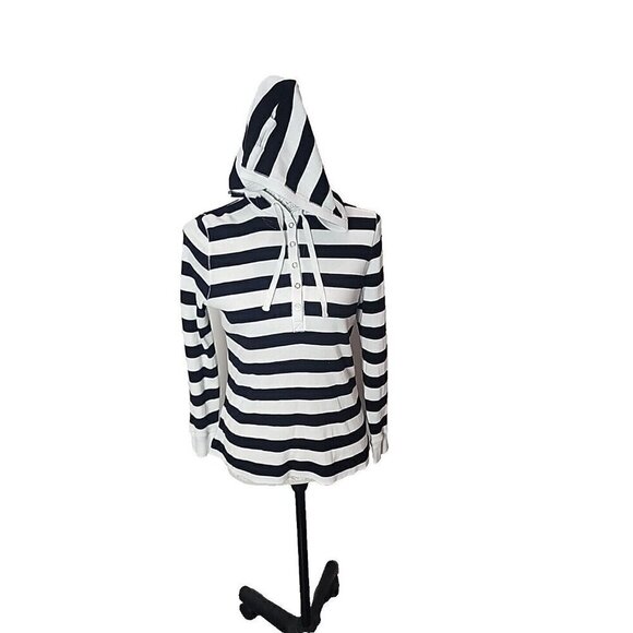 Lauren Ralph Lauren Cotton Hoodie White Black Striped Snaps Pullover Women's PM - Picture 4 of 8